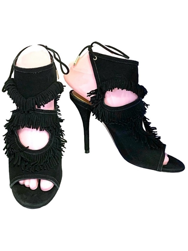 Aquazzura Black Suede "Sexy Fringe" Stiletto Heel Shoes With Fringe (35.5)